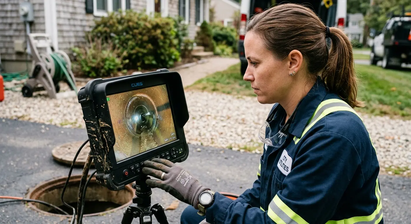 Technician reviewing sewer camera inspection footage in Rio Pinar