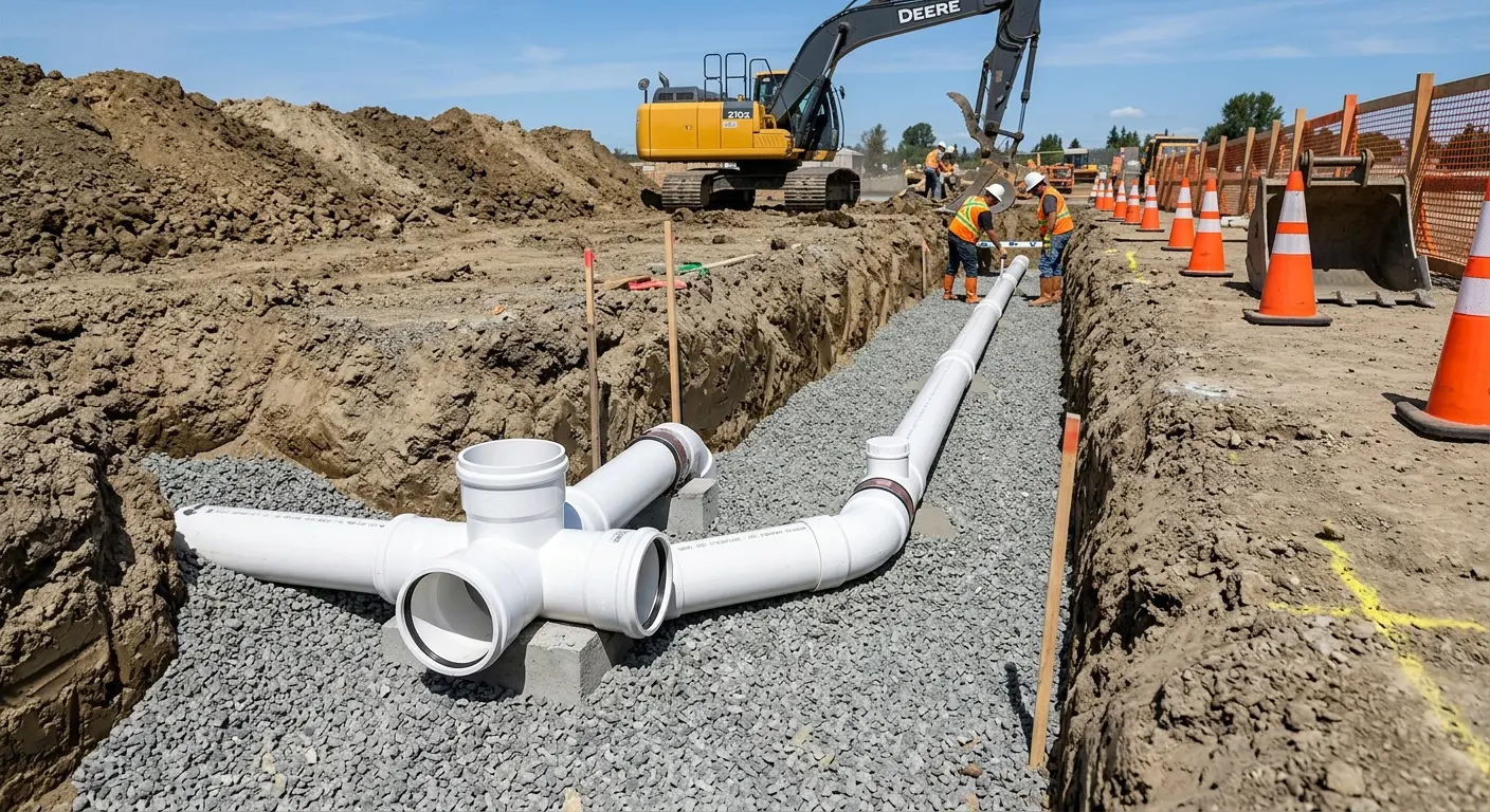 New PVC sewer pipe installation in open trench for Grease Trap Cleaning in Rio Pinar
