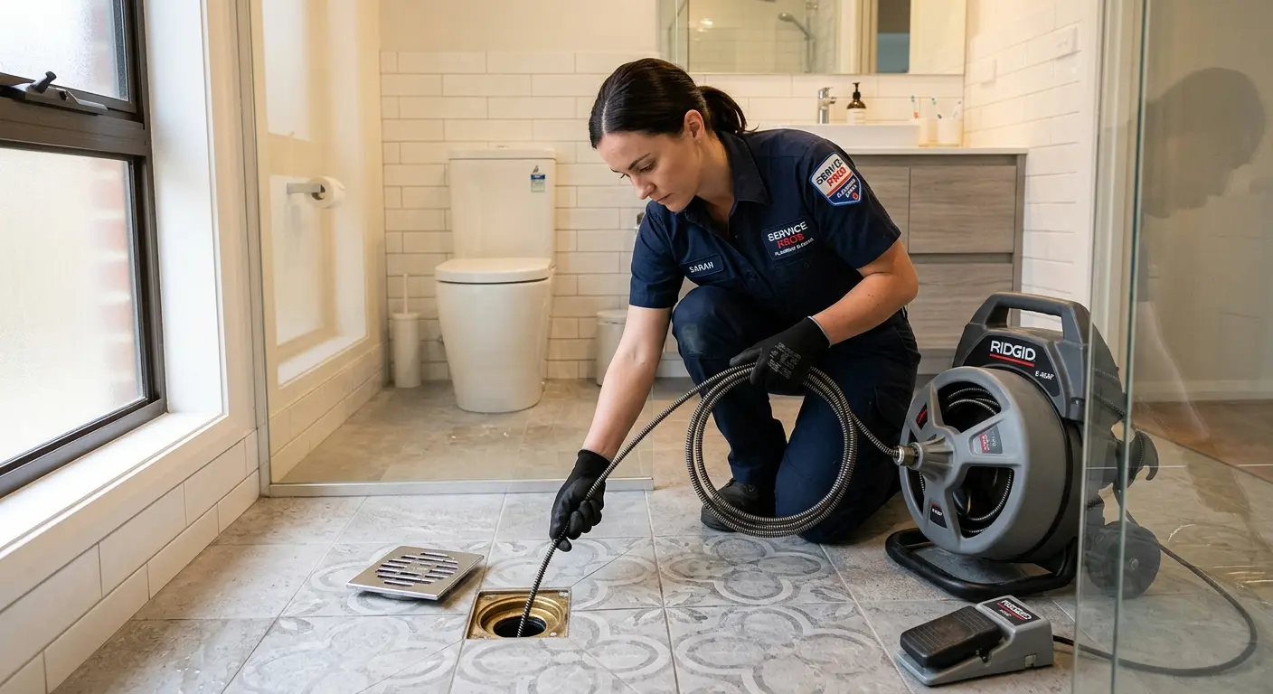 Technician clearing a bathroom floor drain for Sewer Line Installation in Rio Pinar